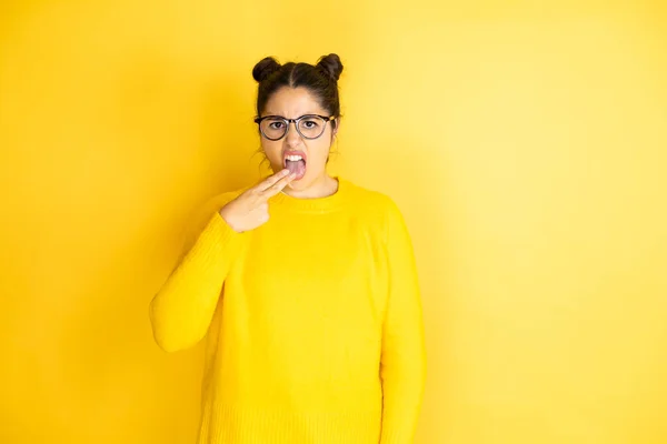 Young Beautiful Woman Wearing Casual Sweater Isolated Yellow Background Disgusted — ストック写真