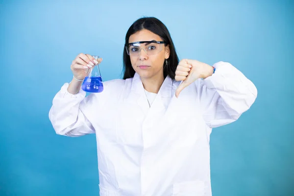 Young Brunette Woman Wearing Scientist Uniform Holding Test Tube Isolated — Stock Photo, Image