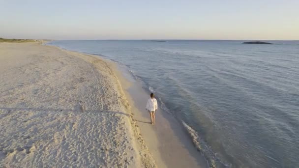 Frau allein am Strand bei Sonnenuntergang, Luftaufnahme — Stockvideo