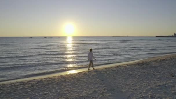 Wanita berjalan sendirian di pantai saat matahari terbenam, udara — Stok Video