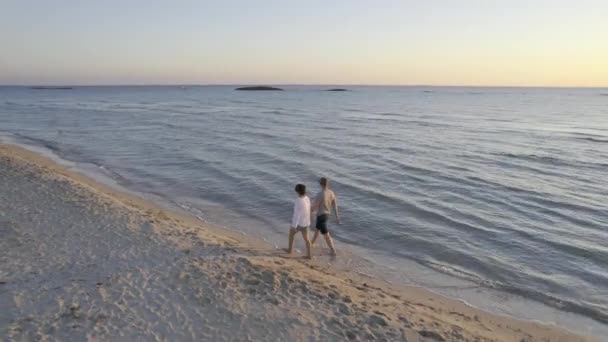 Um casal caminhando na praia ao pôr do sol, aéreo — Vídeo de Stock