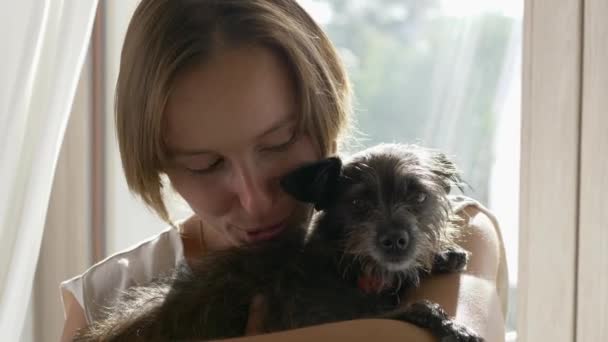 Woman Holding Her Cute and Funny Dog — Stock Video