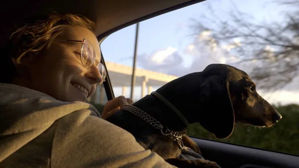 Bir kadın komik köpeğini tutup pencereden dışarı bakıyor.