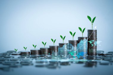 Madeni ve iş geçmişi için üzerinde bitkiler büyüyen madeni para yığını. Tasarruf ve Hesaplar, Finans Bankaları İş Fikirleri, Yatırımlar, Fonlar, Tahviller, Bölünmeler ve Faizler.