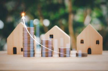 Para yığını ve finansal ve iş geçmişi için ev modeli. Tasarruf ve Hesaplar, Finans Bankaları Fikirler, Yatırımlar, Fonlar, Tahviller, Bölünmeler ve Faizler.