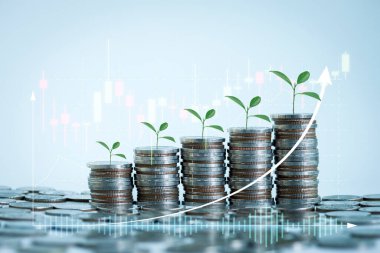 Büyüyen finansal ve iş için para biriktiriyorum. Tasarruf ve Hesaplar, Finans Bankası İş Konsepti, Yatırımlar, Fonlar, Tahviller, Bölünmeler, Faizler, Madeni paraların üzerinde büyüyen Fabrikalar.