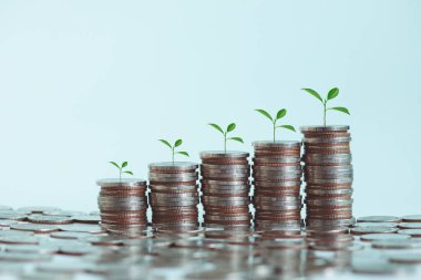 Büyüyen finansal ve iş için para biriktiriyorum. Tasarruf ve Hesaplar, Finans Bankası İş Konsepti, Yatırımlar, Fonlar, Tahviller, Bölünmeler, Faizler, Madeni paraların üzerinde büyüyen Fabrikalar.