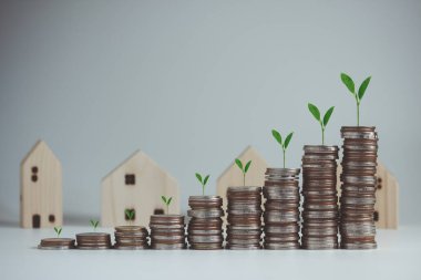 Büyüyen finansal ve iş için para biriktiriyorum. Tasarruf ve Hesaplar, Finans Bankası İş Konsepti, Yatırımlar, Fonlar, Faiz, Madeni paraların üzerinde büyüyen fabrikalar ve Ev.