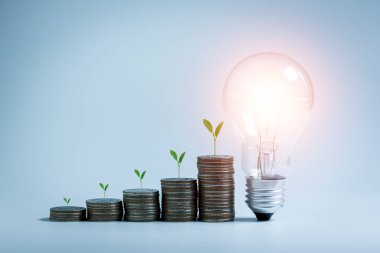 LED ampuller ve üzerinde bitkiler büyüyen para yığınları, enerji tasarrufu fikirleri, para tasarrufu, bankacılık işletme kavramları, yatırımlar, fonlar, tahviller, kar payları ve faiz.