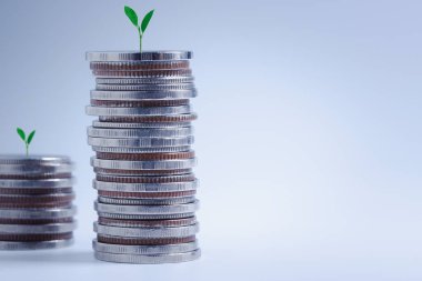 Büyüyen finansal ve iş geçmişi için madeni para yığını. Tasarruf ve Hesaplar, Finans Bankası İş Konsepti, Yatırımlar, Fonlar, Tahviller, Bölünmeler, Faizler, Fabrikalar en tepede büyüyor.