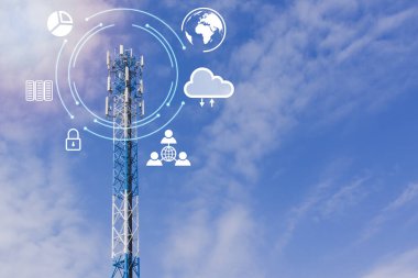 Telecommunication tower for 4 G  and 5 G cellular. Wireless communication  antenna base transciever station with radio antennas isolated on blue sky background.