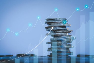 İş, finans, ekonomi, yatırım, piyasa, mevduat, banka, fon, kredi, tasarruf, para ve başarı için muhasebe fikri için büyüme grafik kavramına sahip sikke yığını.