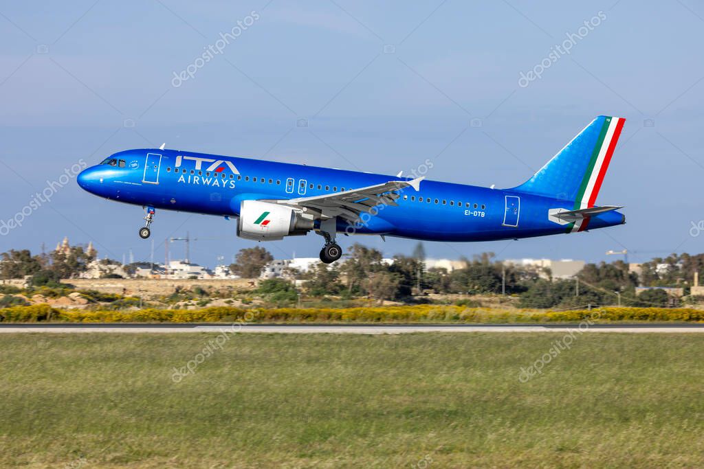 Luqa, Malta - April 18, 2022: ITA Airways Airbus A320-216 (REG: EI-DTB) arriving from Rome Fiumicino Airport in Italy.
