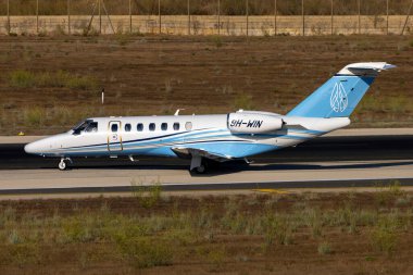 Luqa, Malta - August 30, 2022: Air Charter Scotland Cessna 525B Citation CJ3+ (REG: 9H-WIN) making a 180 degrees turn for a mid runway take off.
