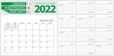 2022 için İtalyan takvim planlayıcısı. İtalyanca, hafta Pazartesi başlıyor..