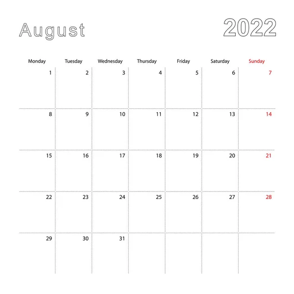 点線で2022年8月のシンプルな壁のカレンダー カレンダーは英語で 週は月曜日から始まります — ストックベクタ