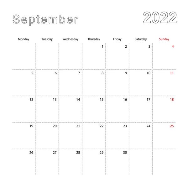 Calendário Parede Simples Para Setembro 2022 Com Linhas Pontilhadas Calendário — Vetor de Stock