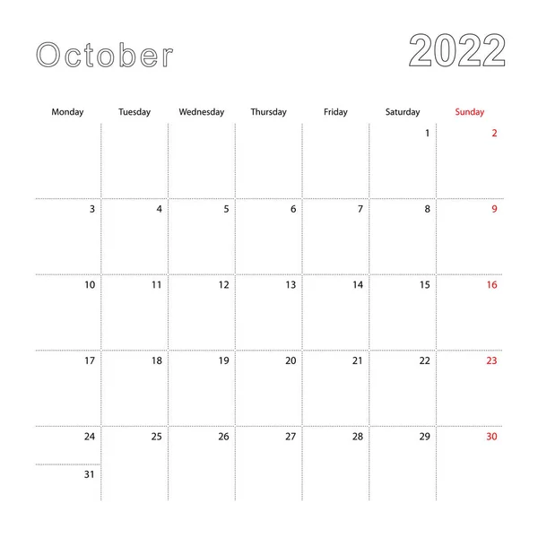 Simple Wall Calendar October 2022 Dotted Lines Calendar English Week — Stock Vector