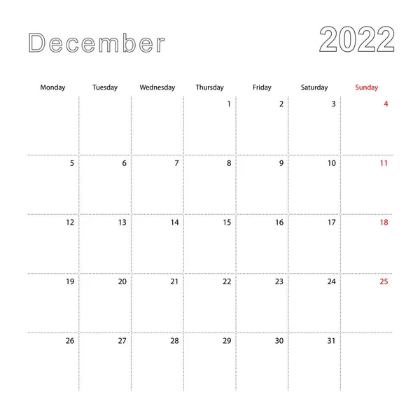 点線で2022年12月のシンプルな壁のカレンダー カレンダーは英語で 週は月曜日から始まります — ストックベクタ