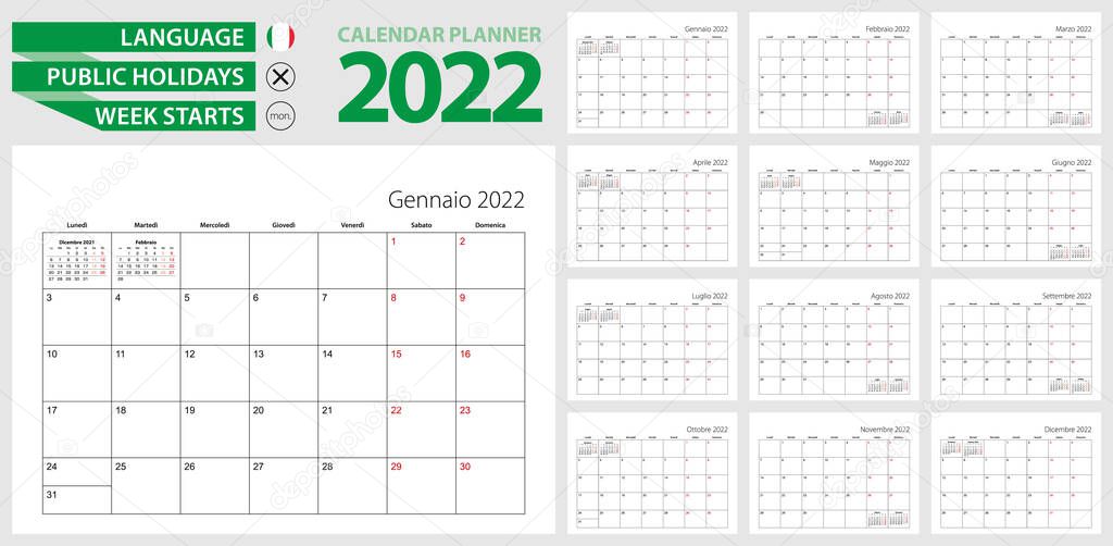 Italian calendar planner for 2022. Italian language, week starts from Monday.