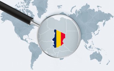 Büyüteçle Chad 'i gösteren bir dünya haritası. Çad Haritasında bayrak var..