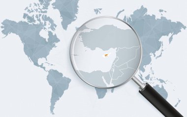 Kıbrıs 'ı gösteren bir büyüteçle dünya haritası. Bayraklı Kıbrıs Haritası.