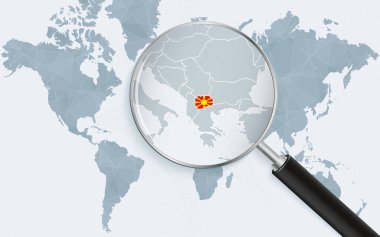 Makedonya 'yı gösteren bir büyüteçle dünya haritası. Döngüde bayrak olan Makedonya Haritası.
