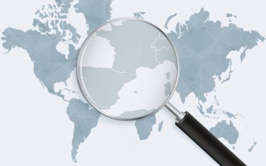 Dünya haritasında Andorra 'yı gösteren bir büyüteç var. Andorra haritasında bayrak var..