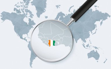 World map with a magnifying glass pointing at Ivory Coast. Map of Ivory Coast with the flag in the loop. clipart