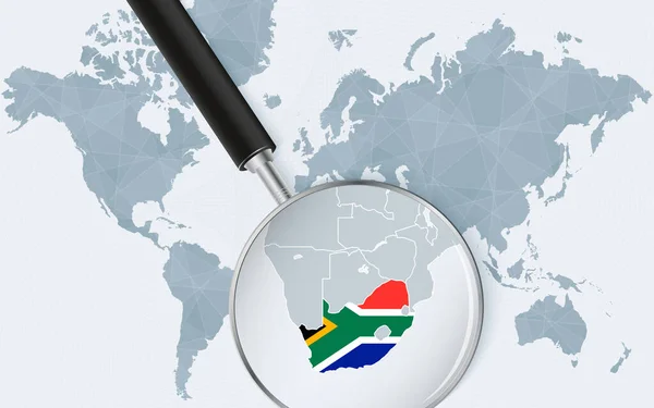 확대경으로 남아프리카를 가리키는 고리에 깃발이 남아프리카 공화국 — 스톡 벡터