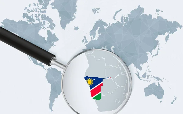 Mapa Del Mundo Con Una Lupa Apuntando Namibia Mapa Namibia — Vector de stock