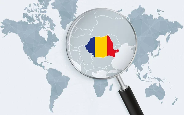 Wereldkaart Met Een Vergrootglas Dat Naar Roemenië Wijst Kaart Van — Stockvector