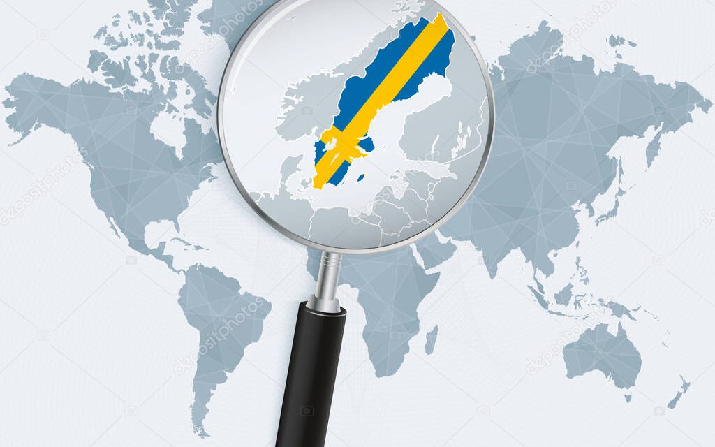 World map with a magnifying glass pointing at Sweden. Map of Sweden with the flag in the loop.