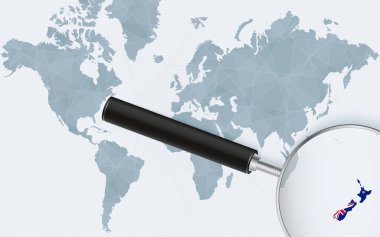 Yeni Zelanda 'yı gösteren büyüteçli bir dünya haritası. Yeni Zelanda haritasında bayrak var..