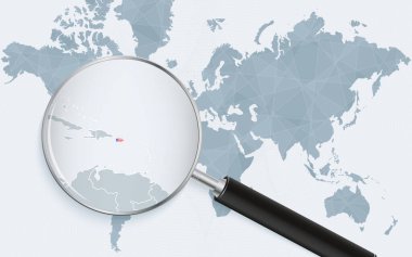 Porto Riko 'yu gösteren büyüteçli bir dünya haritası. Porto Riko haritası. Bayrak işaretli..