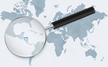 Honduras 'ı gösteren bir büyüteçle dünya haritası. Bayraklı Honduras Haritası.