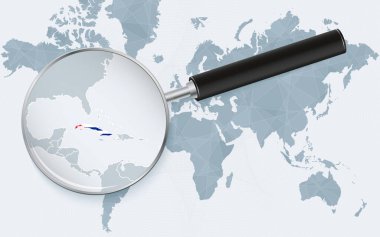 Büyüteçle Küba 'yı gösteren bir dünya haritası. Bayraklı Küba haritası..