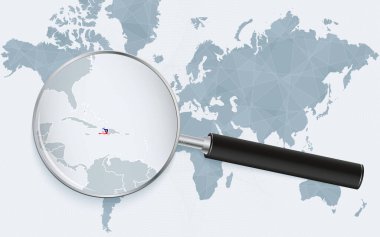 Büyüteçle Haiti 'yi gösteren bir dünya haritası. Bayraklı Haiti haritası..