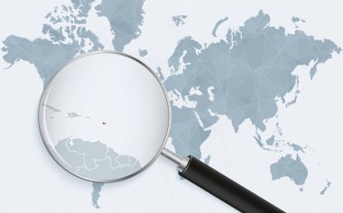 Antigua ve Barbuda 'yı gösteren bir büyüteçle dünya haritası. Antigua ve Barbuda haritası..