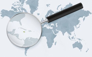 Jamaika 'yı gösteren bir büyüteçle dünya haritası. Jamaika haritasında bayrak var..