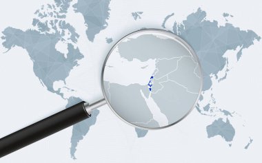 İsrail 'i gösteren bir büyüteçle dünya haritası. Bayraklı İsrail haritası..