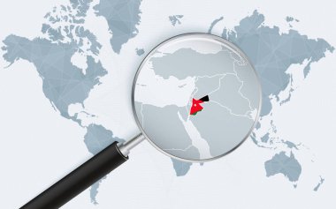 Jordan 'ı gösteren bir büyüteçle dünya haritası. Ürdün haritasında bayrak işaretli.