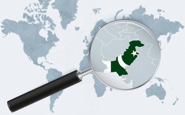 Pakistan 'ı gösteren bir büyüteçle dünya haritası. Çemberde bayrak olan Pakistan haritası..