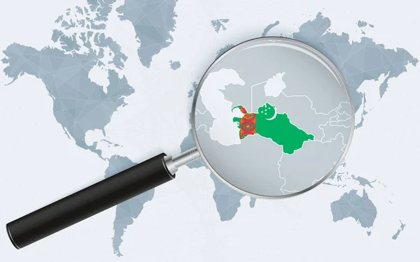 Mappa Del Mondo Con Una Lente Ingrandimento Che Punta Turkmenistan — Vettoriale Stock