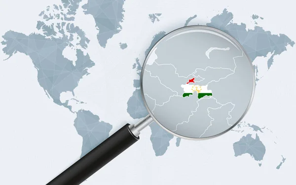 Карта Світу Збільшувальним Склом Вказує Таджикистан Карта Таджикистану Прапором Петлі — стоковий вектор