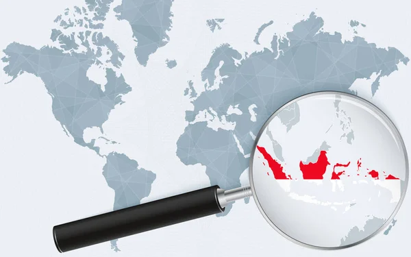 Världskarta Med Förstoringsglas Som Pekar Mot Indonesien Karta Över Indonesien — Stock vektor