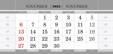 Kasım 2022 üç aylık takvim bloğu. İngilizce duvar takvimi, hafta pazardan itibaren başlar.