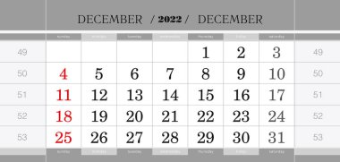 Aralık 2022, üç aylık takvim bloğu. İngilizce duvar takvimi, hafta pazardan itibaren başlar.