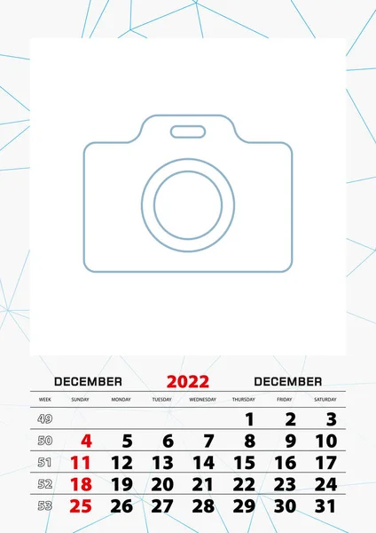 Wall Calendar Planner Template December 2022 Week Starts Sunday — Stock Vector