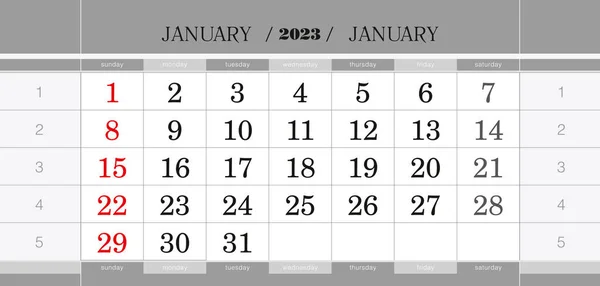 Enero 2023 Bloque Calendario Trimestral Calendario Mural Inglés Semana Comienza — Archivo Imágenes Vectoriales